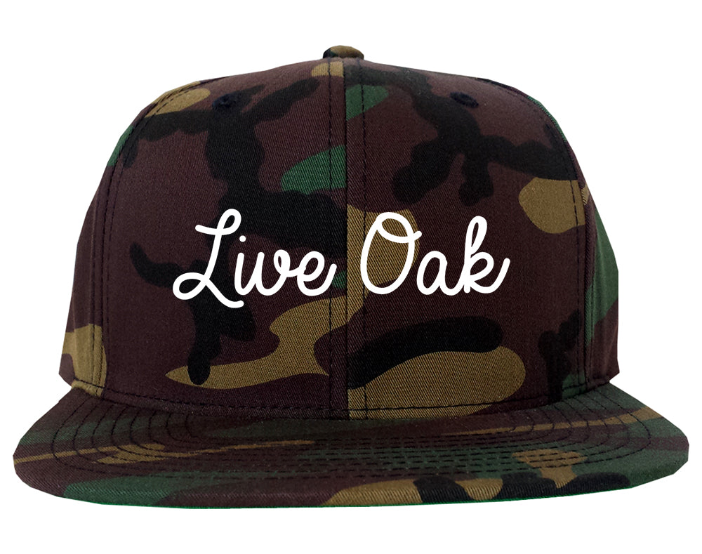 Live Oak Florida FL Script Mens Snapback Hat Army Camo