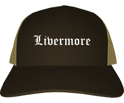 Livermore California CA Old English Mens Trucker Hat Cap Brown