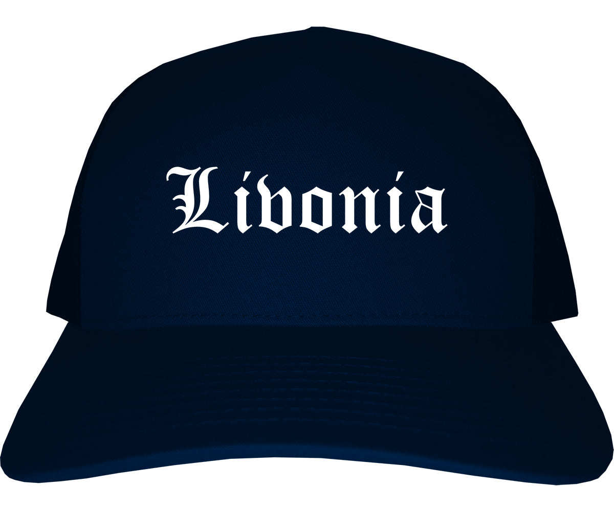Livonia Michigan MI Old English Mens Trucker Hat Cap Navy Blue