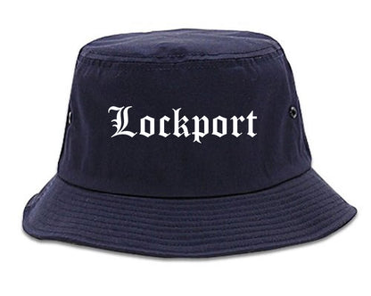 Lockport New York NY Old English Mens Bucket Hat Navy Blue