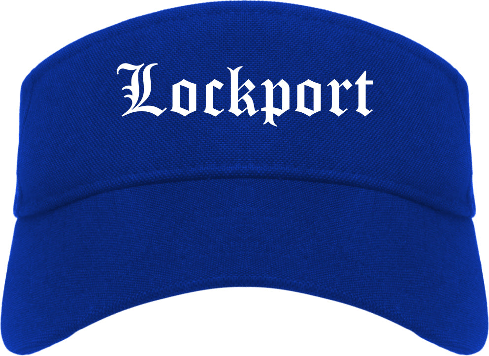 Lockport New York NY Old English Mens Visor Cap Hat Royal Blue