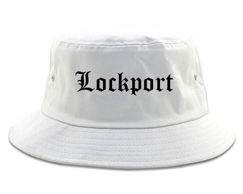 Lockport New York NY Old English Mens Bucket Hat White