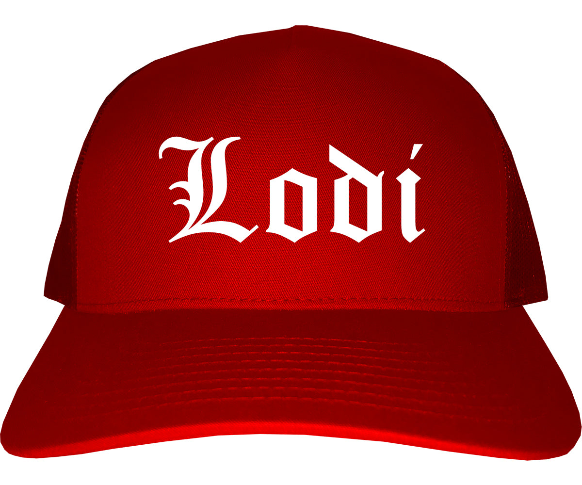 Lodi California CA Old English Mens Trucker Hat Cap Red