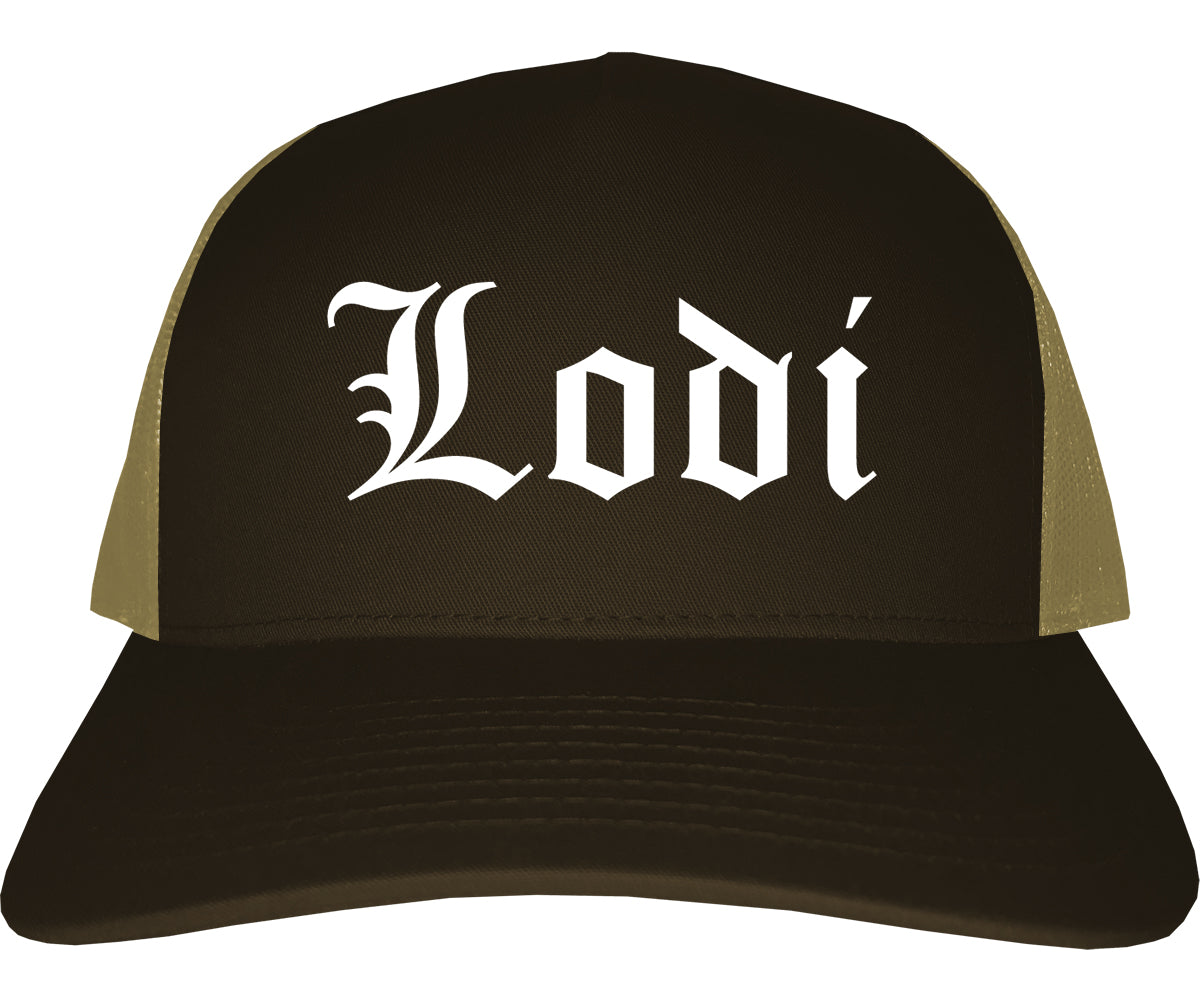 Lodi New Jersey NJ Old English Mens Trucker Hat Cap Brown