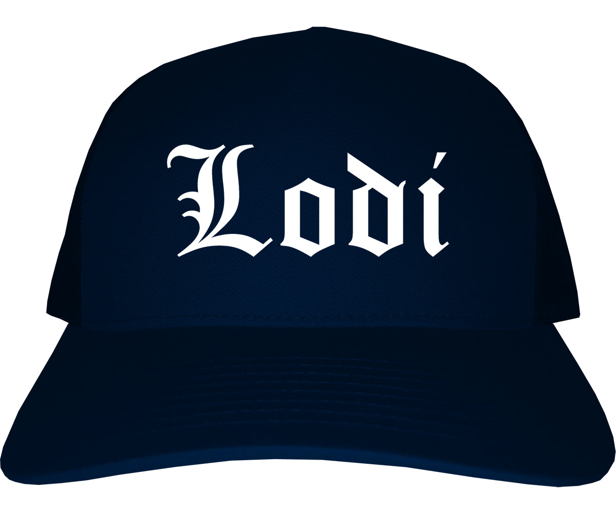 Lodi New Jersey NJ Old English Mens Trucker Hat Cap Navy Blue