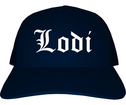 Lodi New Jersey NJ Old English Mens Trucker Hat Cap Navy Blue