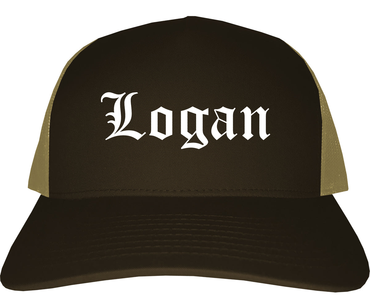 Logan Ohio OH Old English Mens Trucker Hat Cap Brown