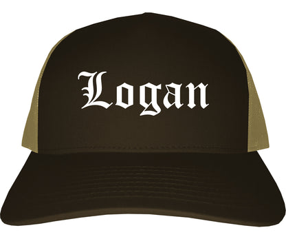 Logan Ohio OH Old English Mens Trucker Hat Cap Brown