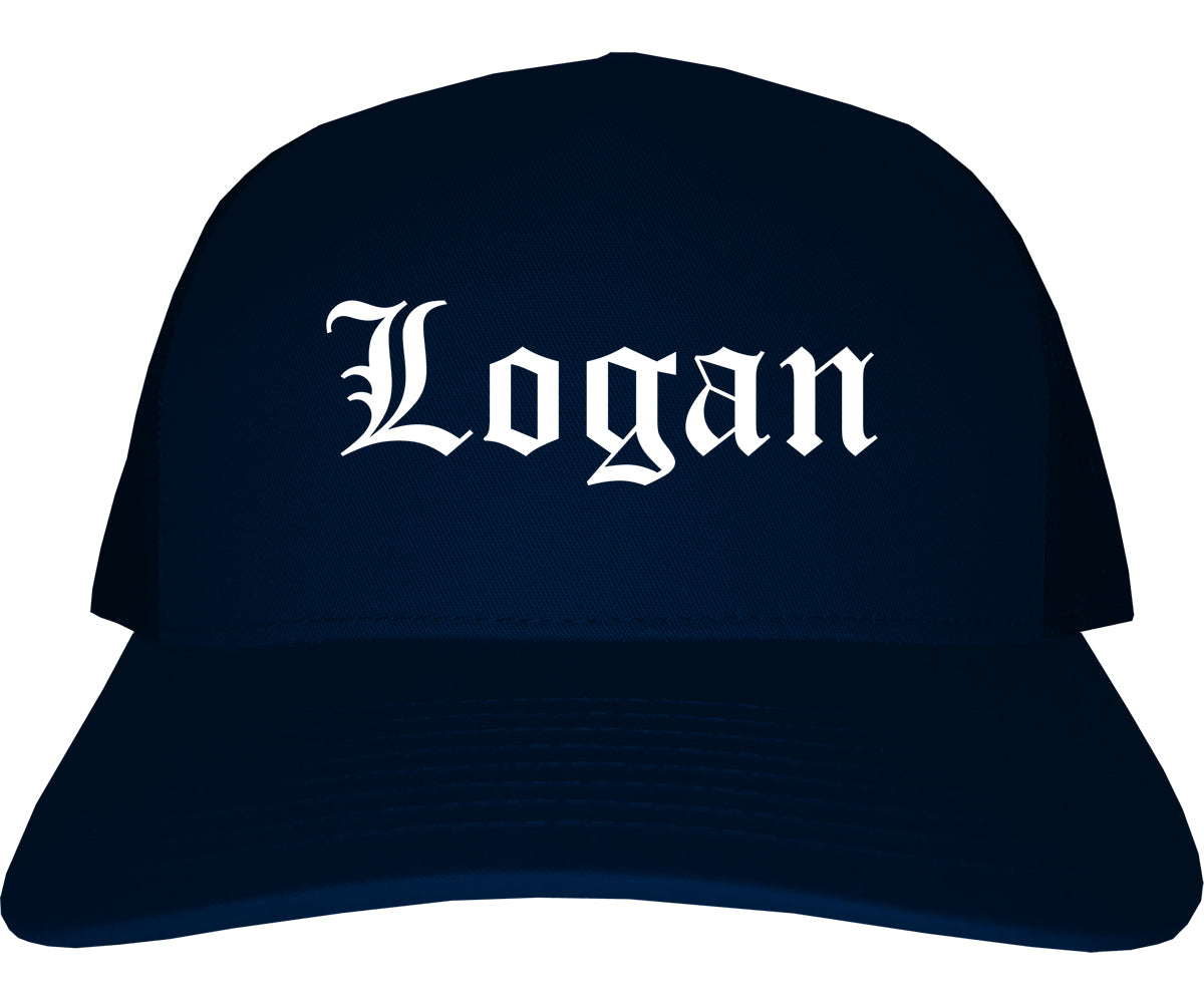 Logan Ohio OH Old English Mens Trucker Hat Cap Navy Blue