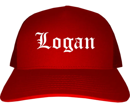 Logan Utah UT Old English Mens Trucker Hat Cap Red