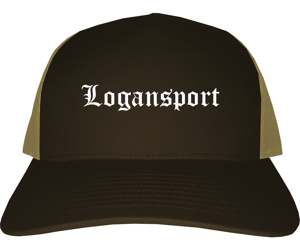 Logansport Indiana IN Old English Mens Trucker Hat Cap Brown