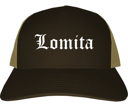 Lomita California CA Old English Mens Trucker Hat Cap Brown