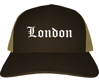 London Ohio OH Old English Mens Trucker Hat Cap Brown