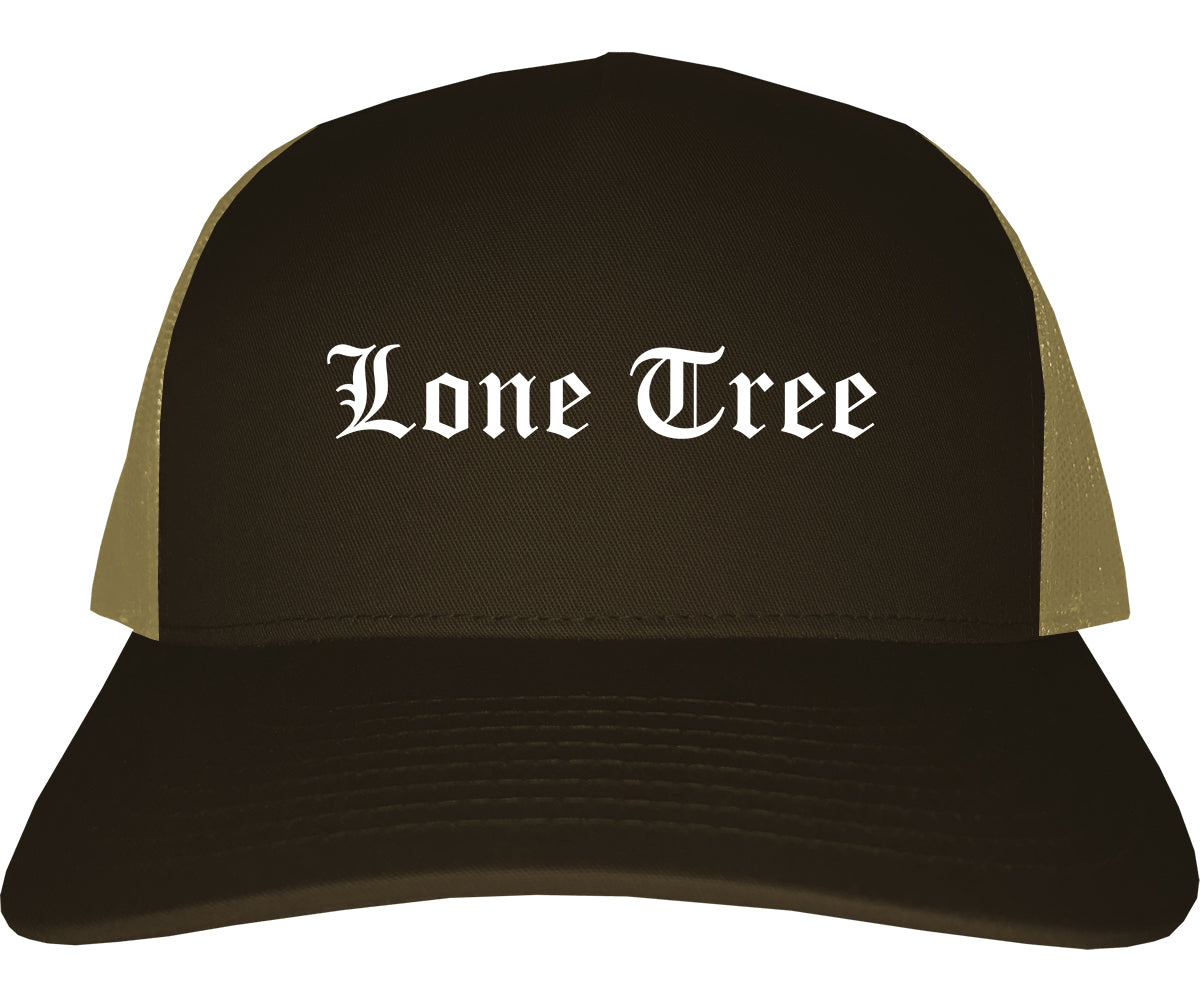 Lone Tree Colorado CO Old English Mens Trucker Hat Cap Brown