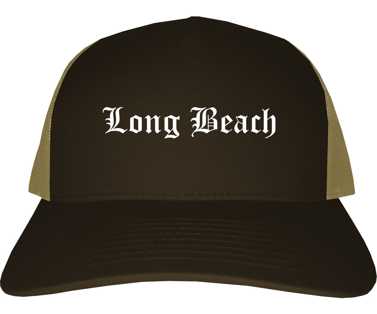 Long Beach New York NY Old English Mens Trucker Hat Cap Brown