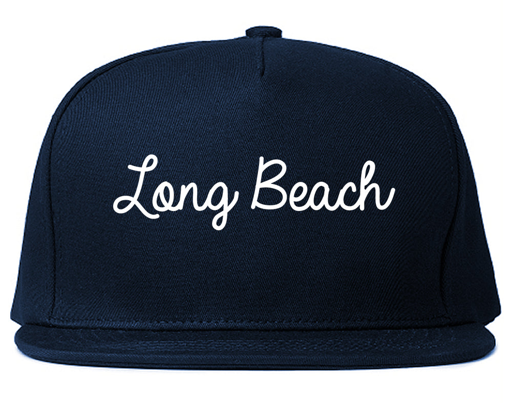 Long Beach New York NY Script Mens Snapback Hat Navy Blue