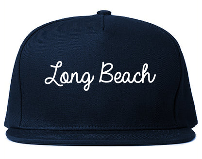 Long Beach New York NY Script Mens Snapback Hat Navy Blue