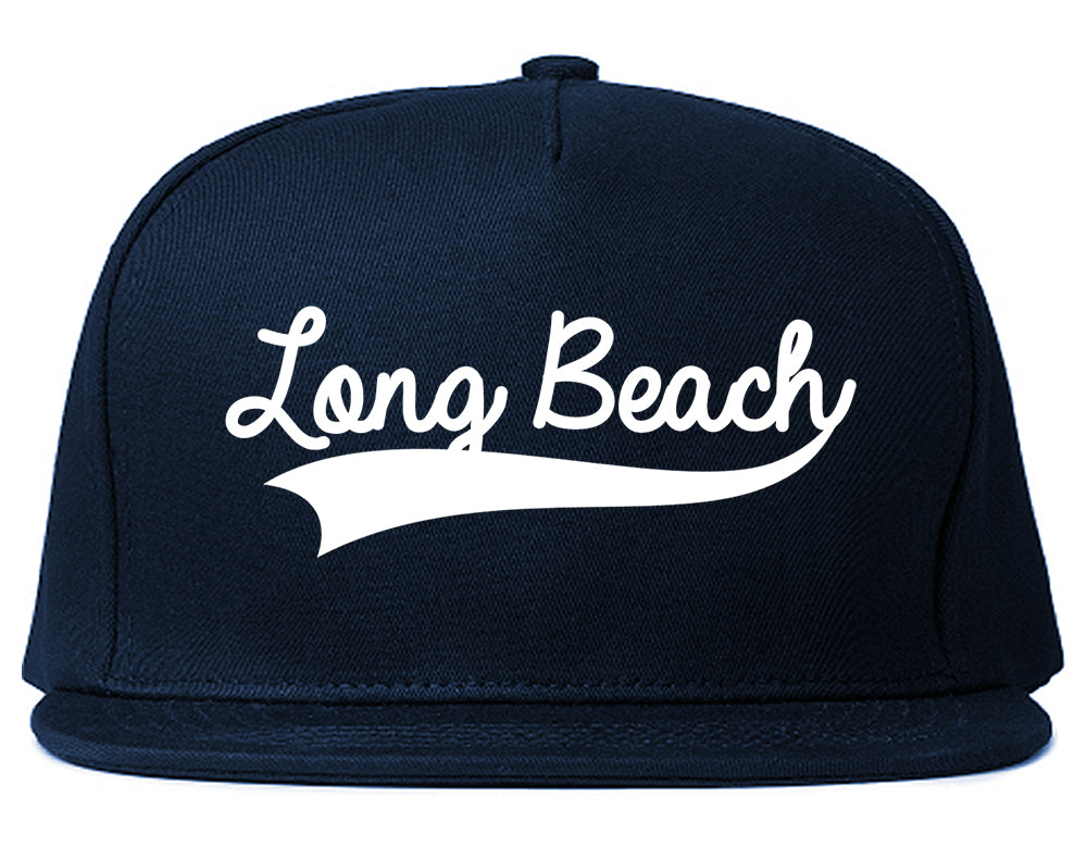 Long Beach Old School Varsity Logo Mens Snapback Hat Navy Blue