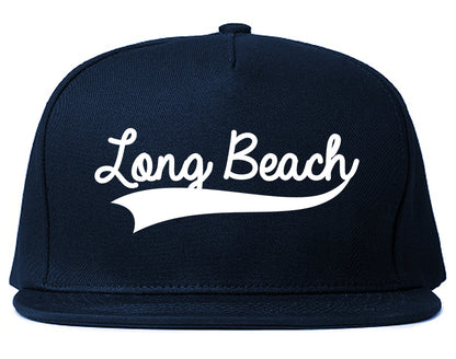 Long Beach Old School Varsity Logo Mens Snapback Hat Navy Blue