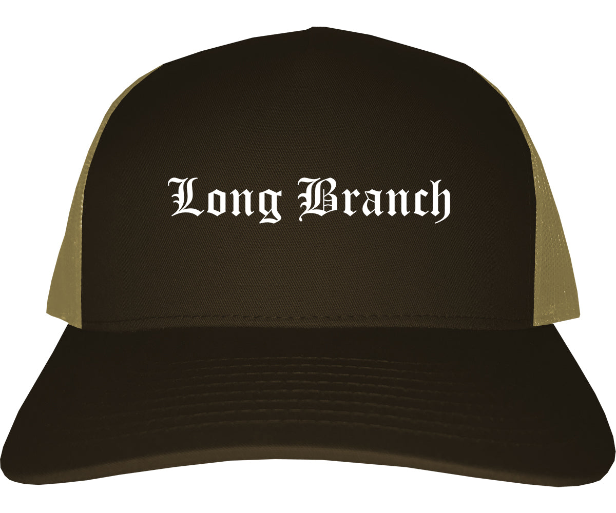 Long Branch New Jersey NJ Old English Mens Trucker Hat Cap Brown