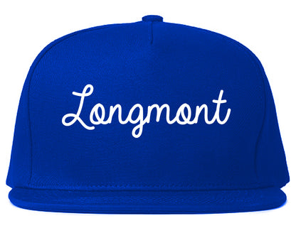 Longmont Colorado CO Script Mens Snapback Hat Royal Blue