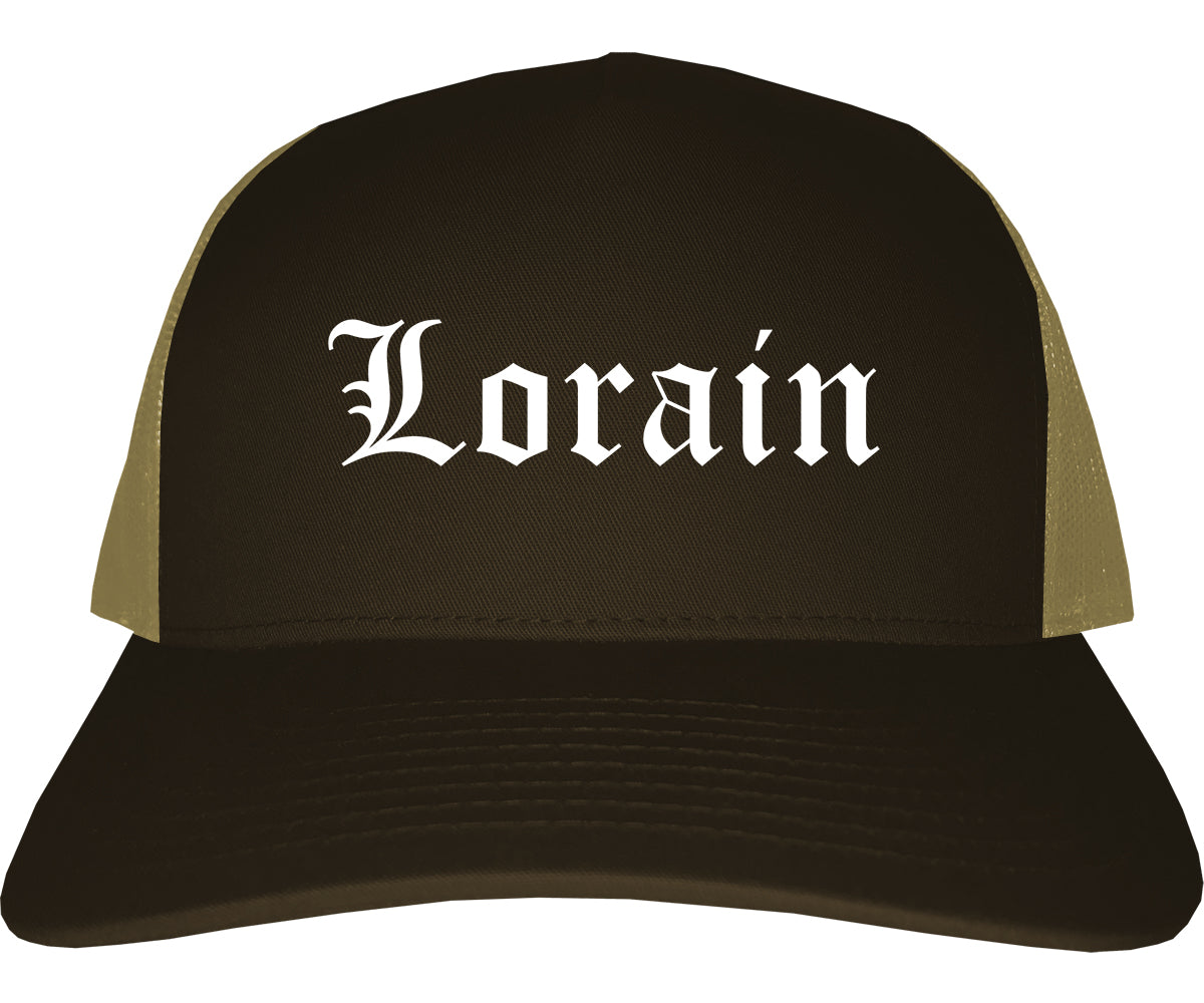 Lorain Ohio OH Old English Mens Trucker Hat Cap Brown