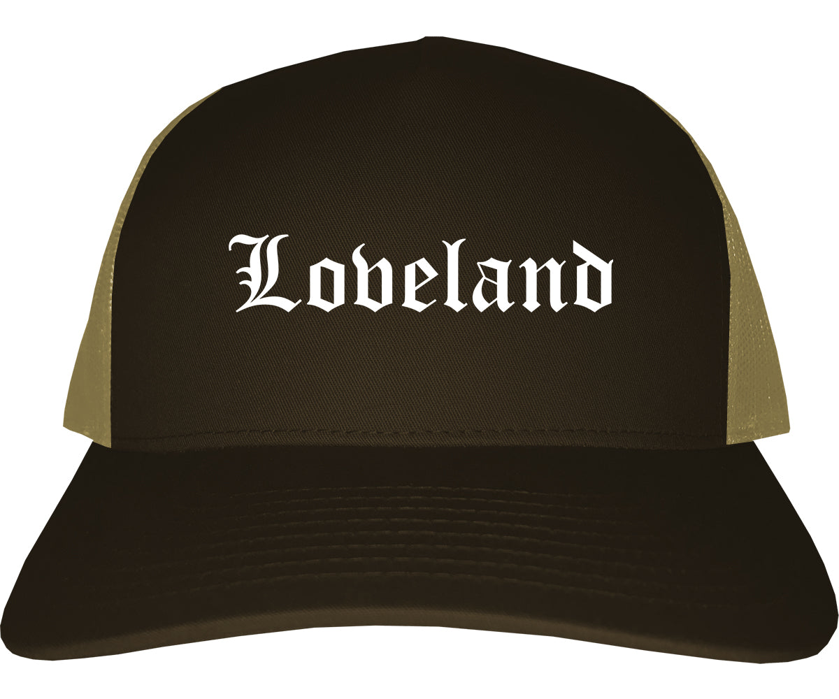 Loveland Ohio OH Old English Mens Trucker Hat Cap Brown
