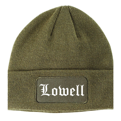 Lowell Arkansas AR Old English Mens Knit Beanie Hat Cap Olive Green