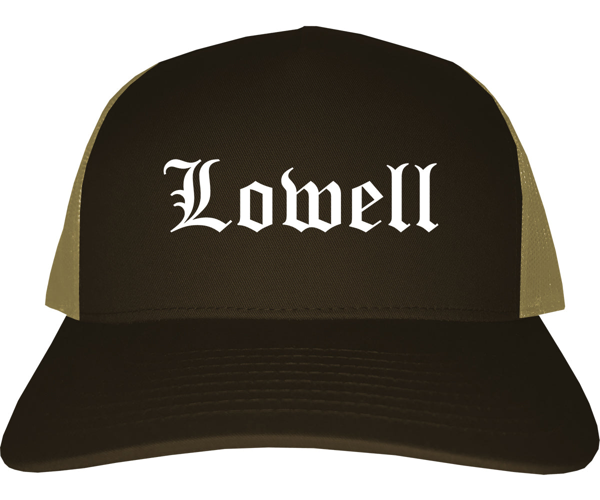 Lowell Arkansas AR Old English Mens Trucker Hat Cap Brown