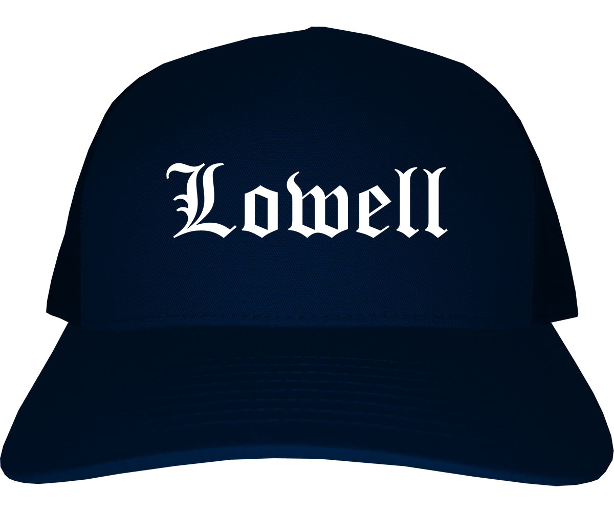 Lowell Arkansas AR Old English Mens Trucker Hat Cap Navy Blue