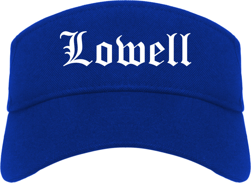 Lowell Arkansas AR Old English Mens Visor Cap Hat Royal Blue