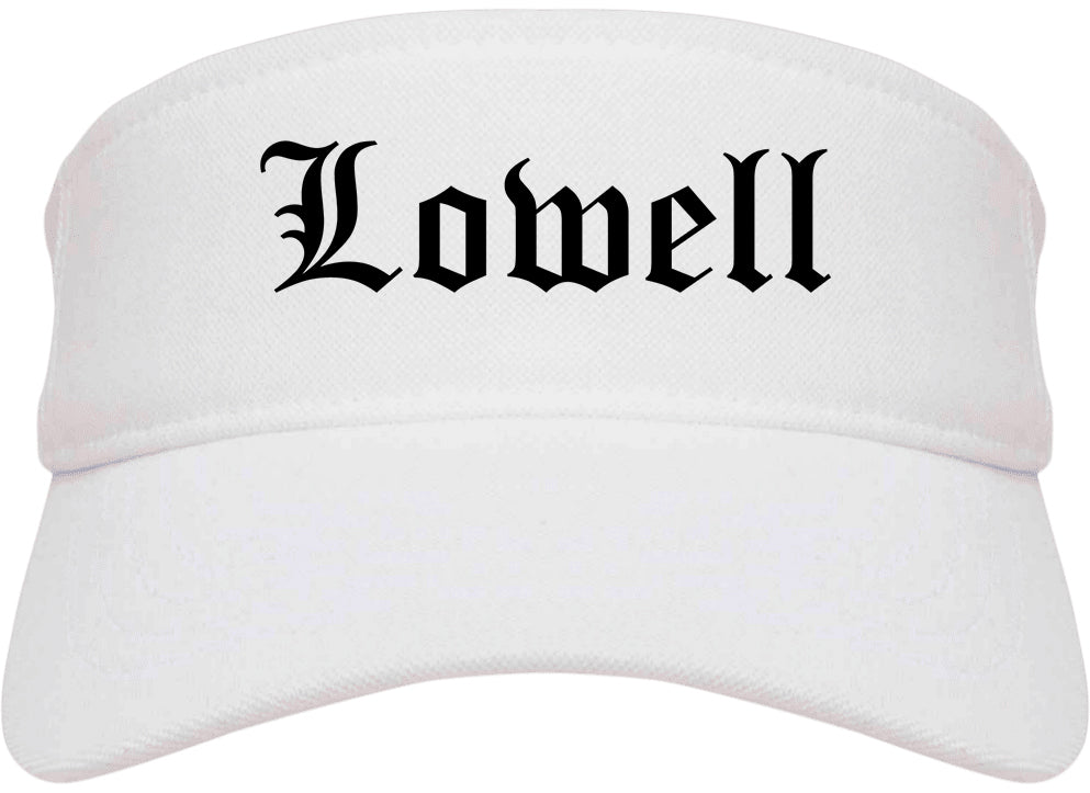 Lowell Arkansas AR Old English Mens Visor Cap Hat White