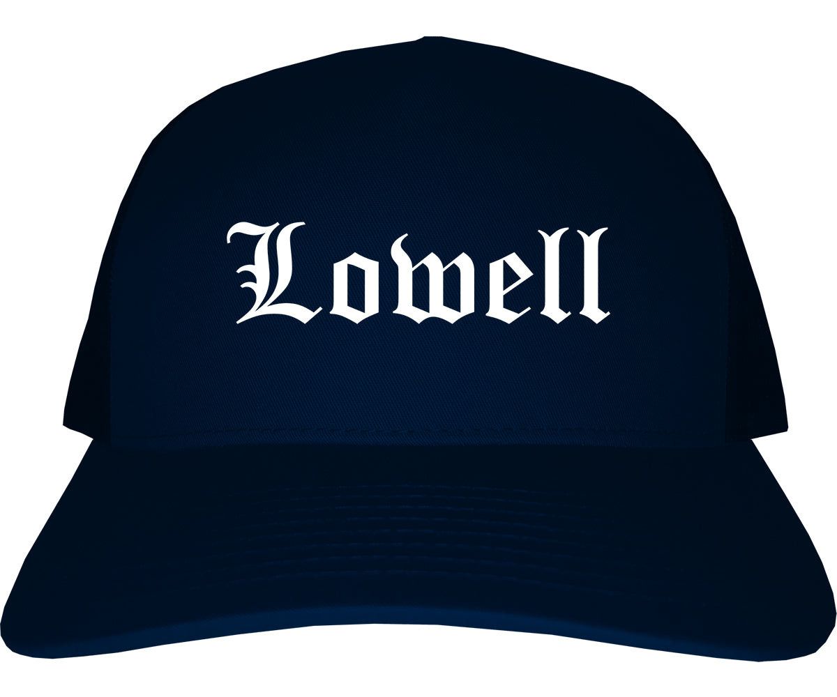 Lowell Indiana IN Old English Mens Trucker Hat Cap Navy Blue