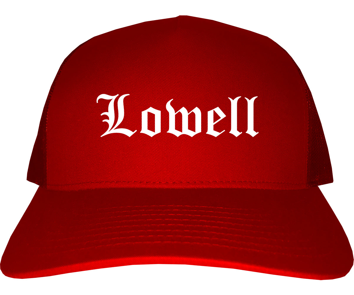 Lowell Indiana IN Old English Mens Trucker Hat Cap Red