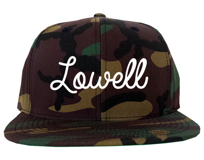 Lowell Indiana IN Script Mens Snapback Hat Army Camo