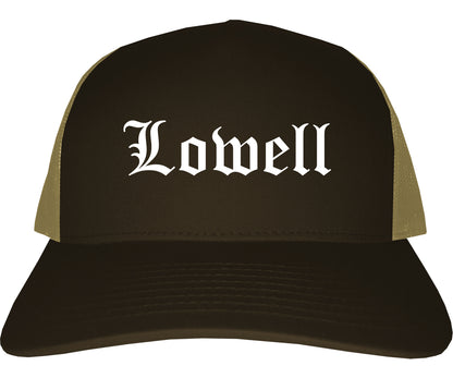 Lowell Massachusetts MA Old English Mens Trucker Hat Cap Brown