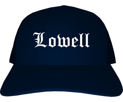 Lowell Massachusetts MA Old English Mens Trucker Hat Cap Navy Blue