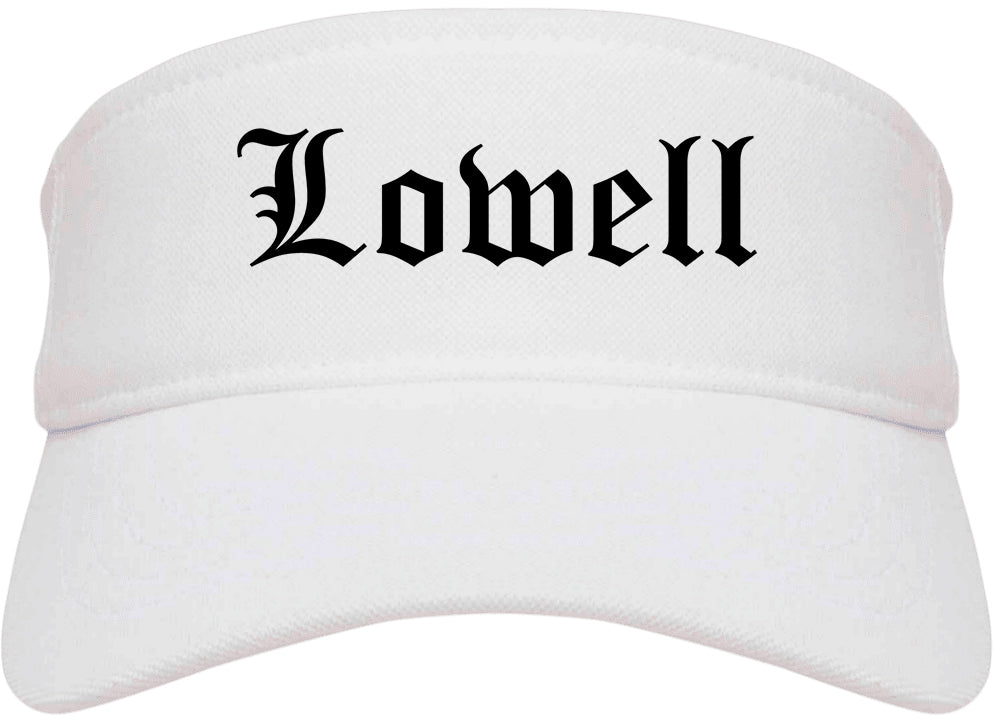 Lowell Massachusetts MA Old English Mens Visor Cap Hat White