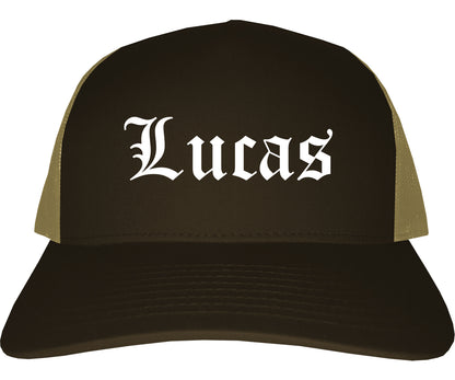 Lucas Texas TX Old English Mens Trucker Hat Cap Brown