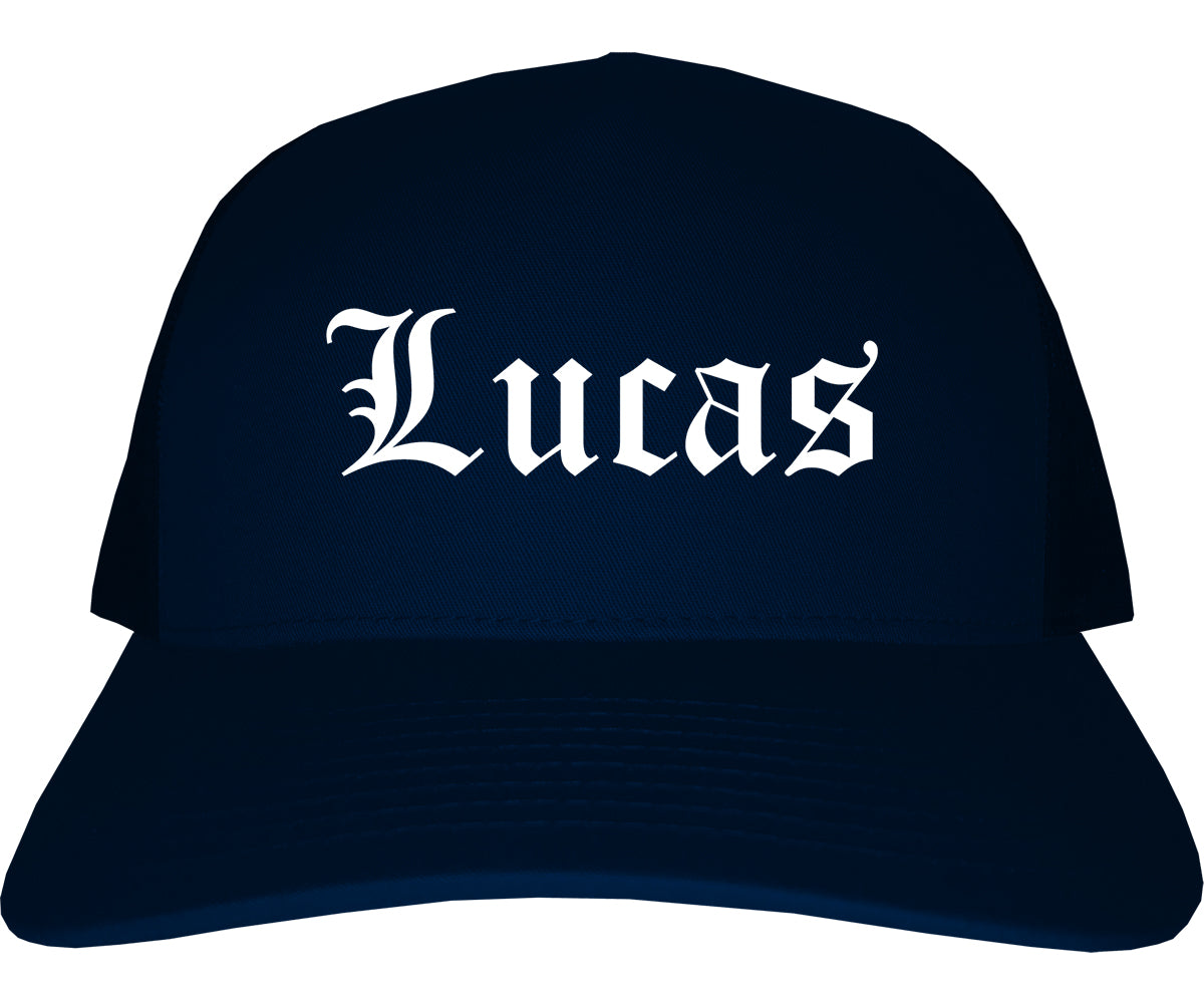 Lucas Texas TX Old English Mens Trucker Hat Cap Navy Blue