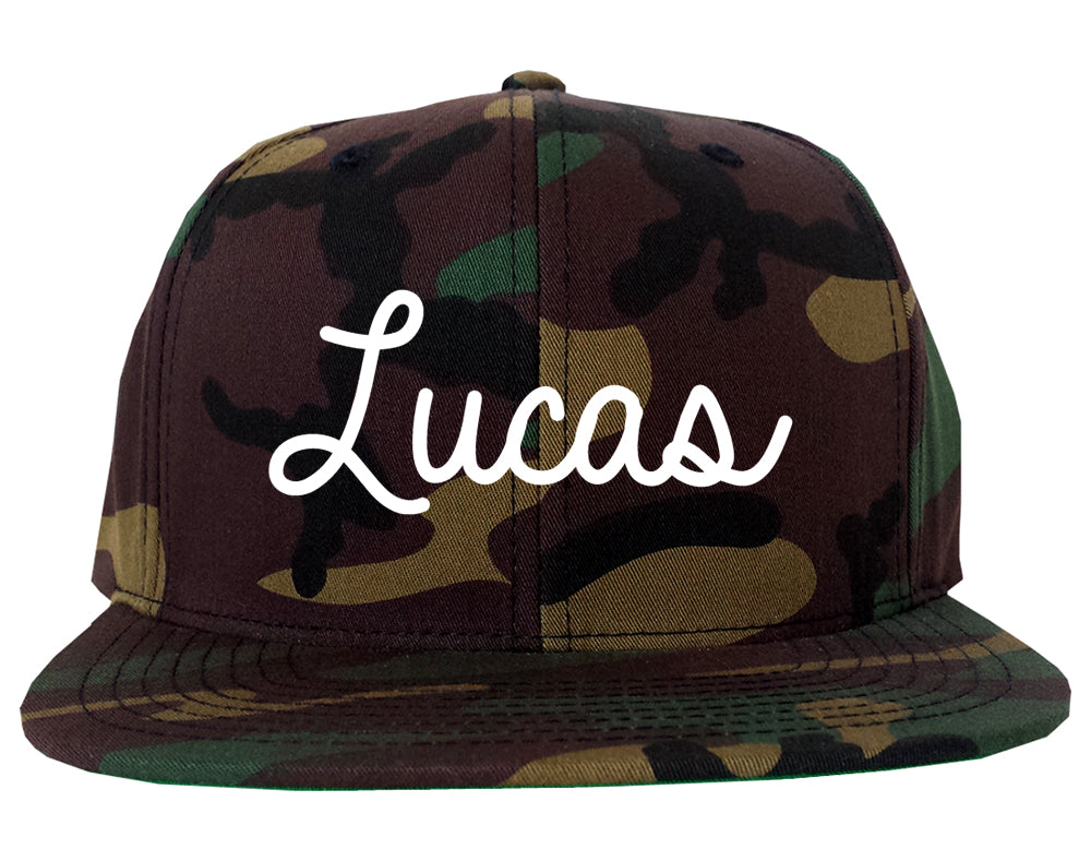 Lucas Texas TX Script Mens Snapback Hat Army Camo