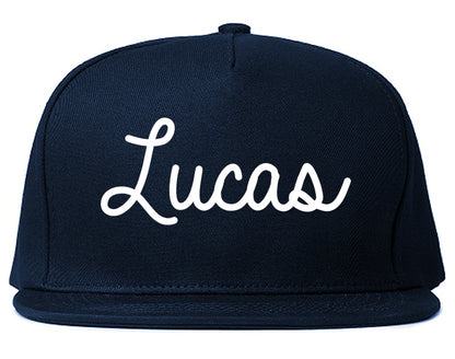 Lucas Texas TX Script Mens Snapback Hat Navy Blue
