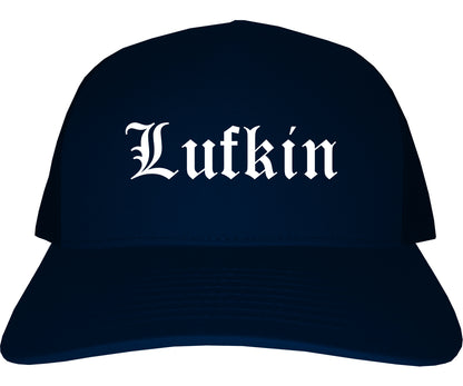 Lufkin Texas TX Old English Mens Trucker Hat Cap Navy Blue