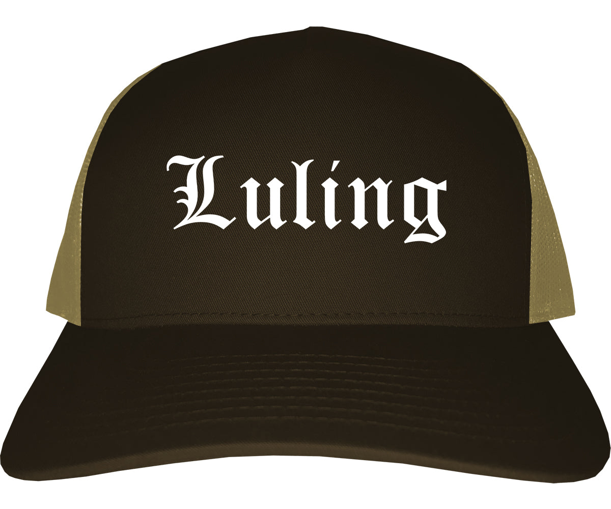 Luling Texas TX Old English Mens Trucker Hat Cap Brown