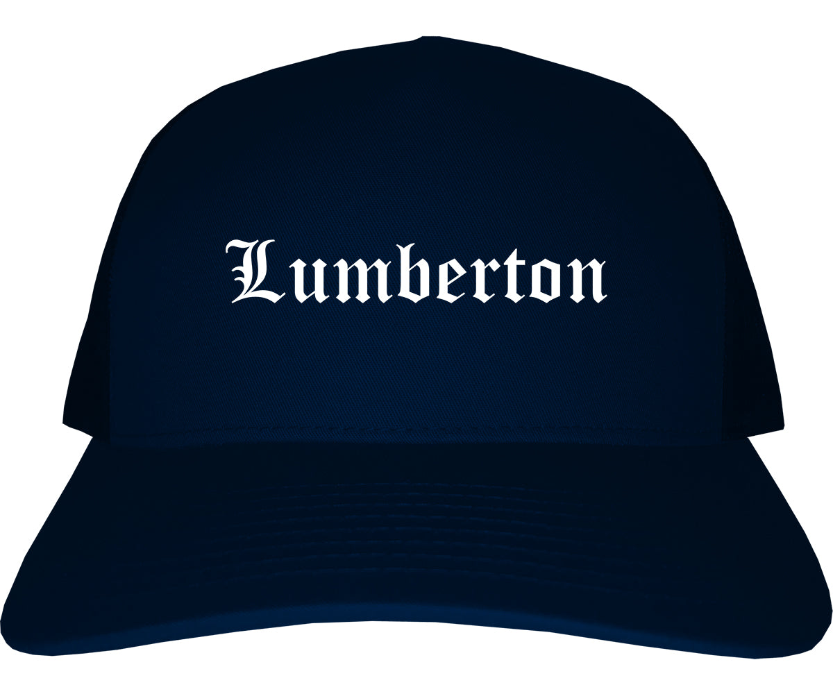 Lumberton North Carolina NC Old English Mens Trucker Hat Cap Navy Blue