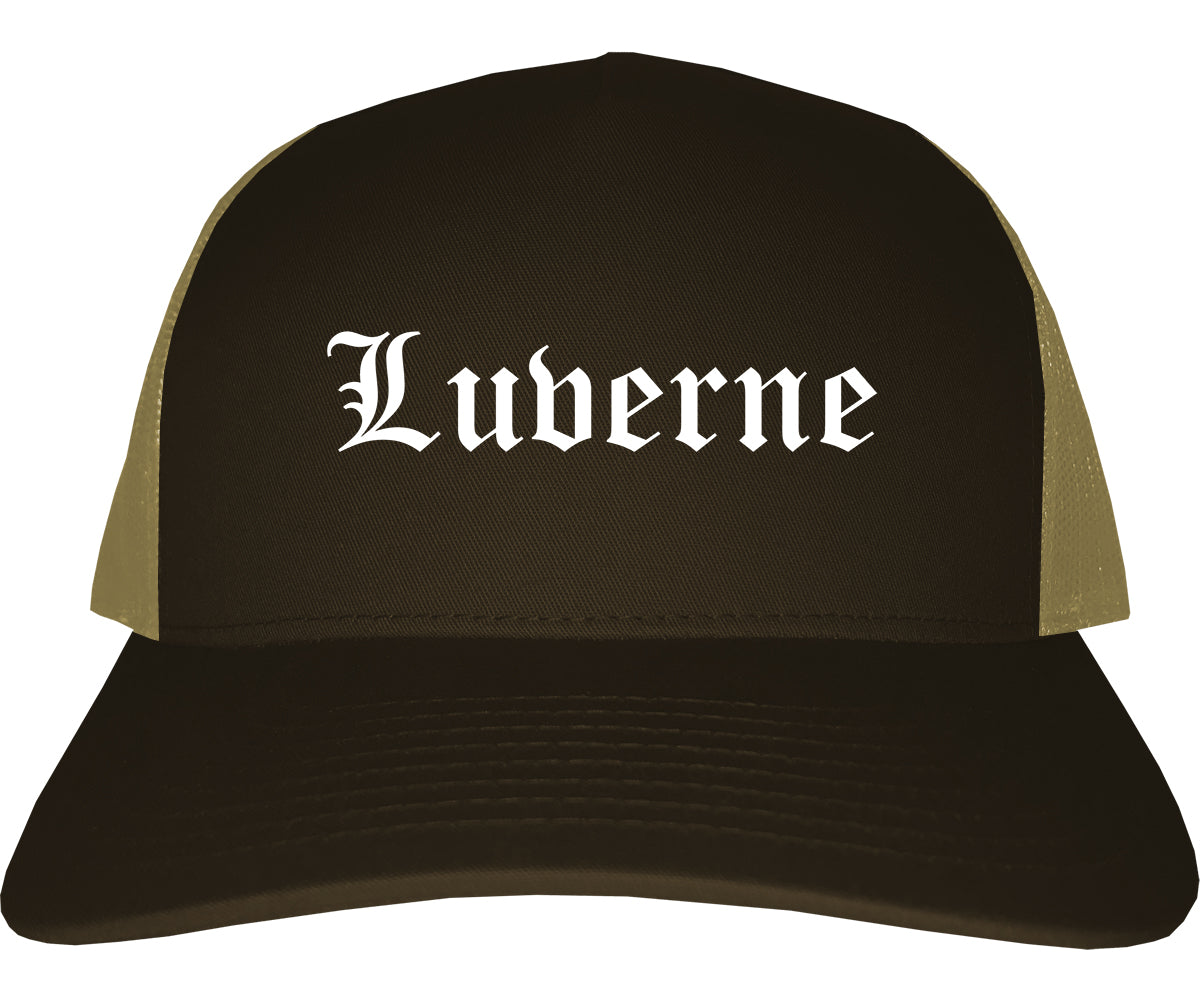 Luverne Minnesota MN Old English Mens Trucker Hat Cap Brown