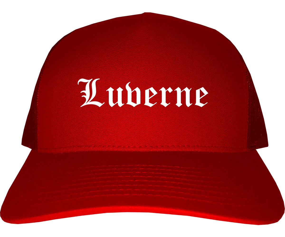 Luverne Minnesota MN Old English Mens Trucker Hat Cap Red