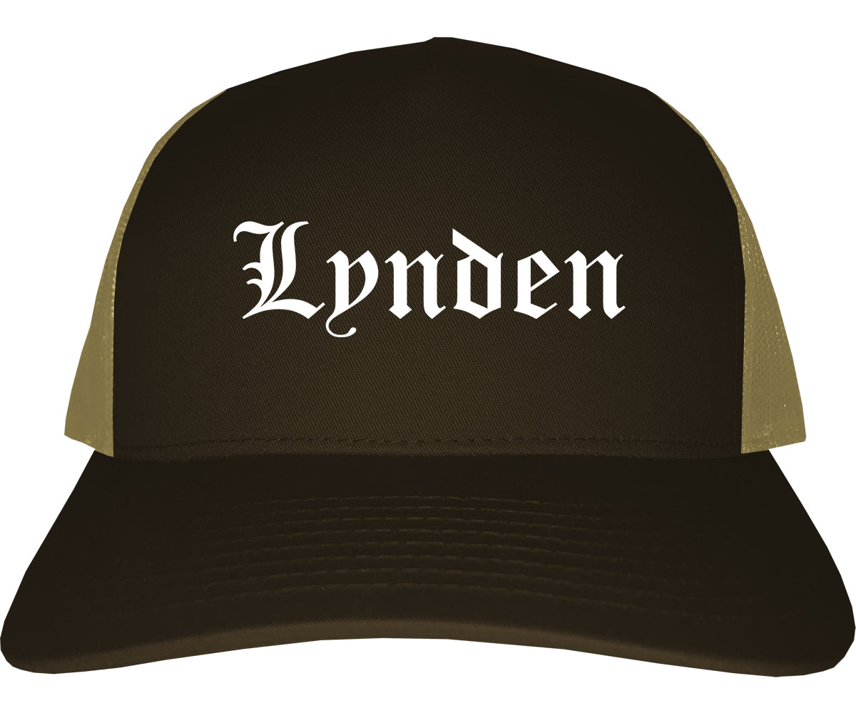 Lynden Washington WA Old English Mens Trucker Hat Cap Brown