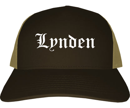 Lynden Washington WA Old English Mens Trucker Hat Cap Brown