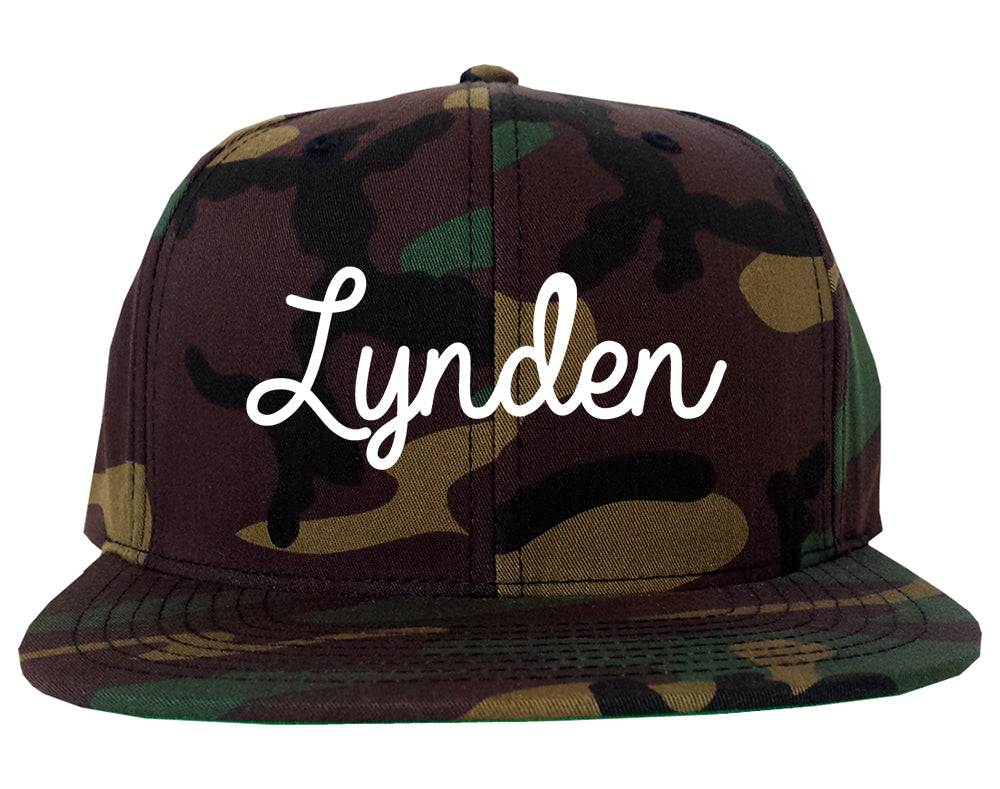 Lynden Washington WA Script Mens Snapback Hat Army Camo